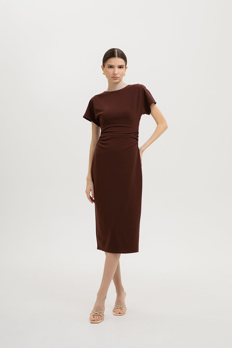 CAMELLIA RUCHED MIDI DRESS