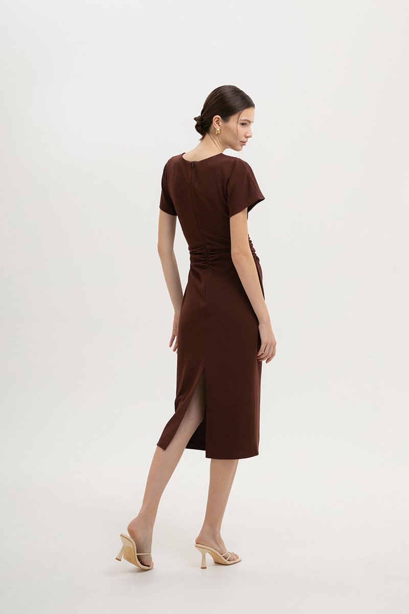 CAMELLIA RUCHED MIDI DRESS