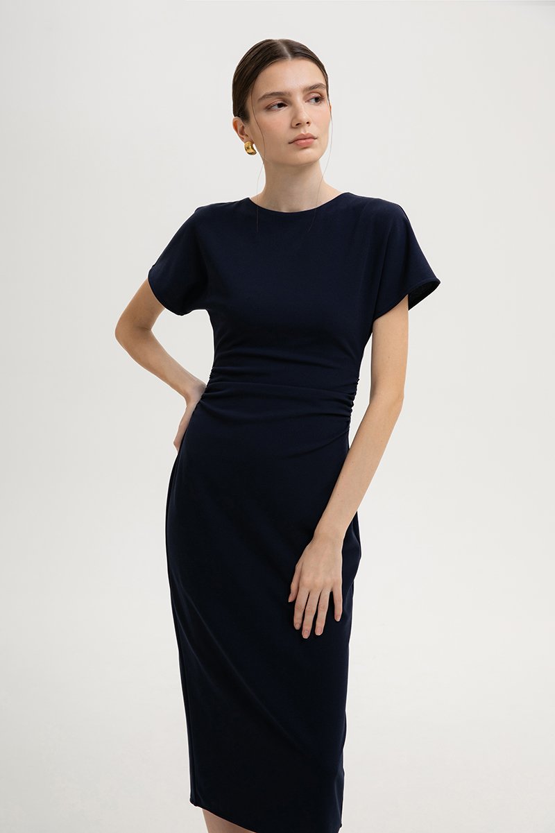 CAMELLIA RUCHED MIDI DRESS