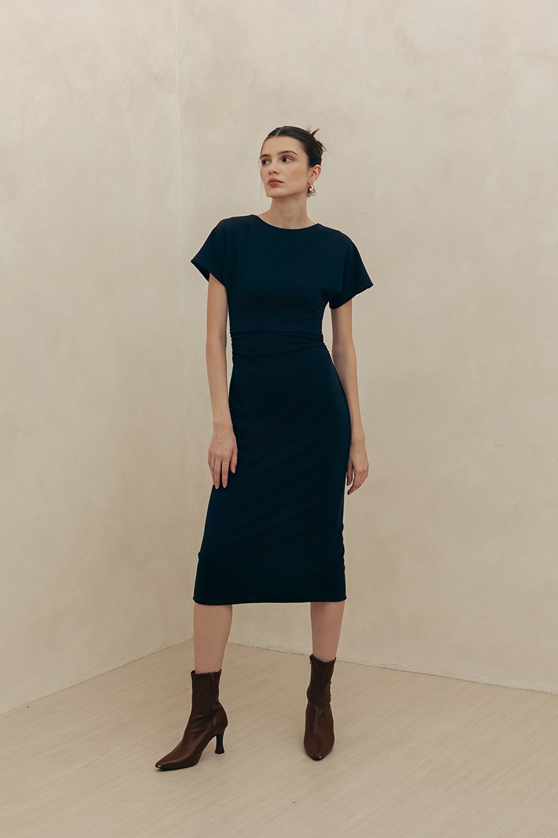CAMELLIA RUCHED MIDI DRESS
