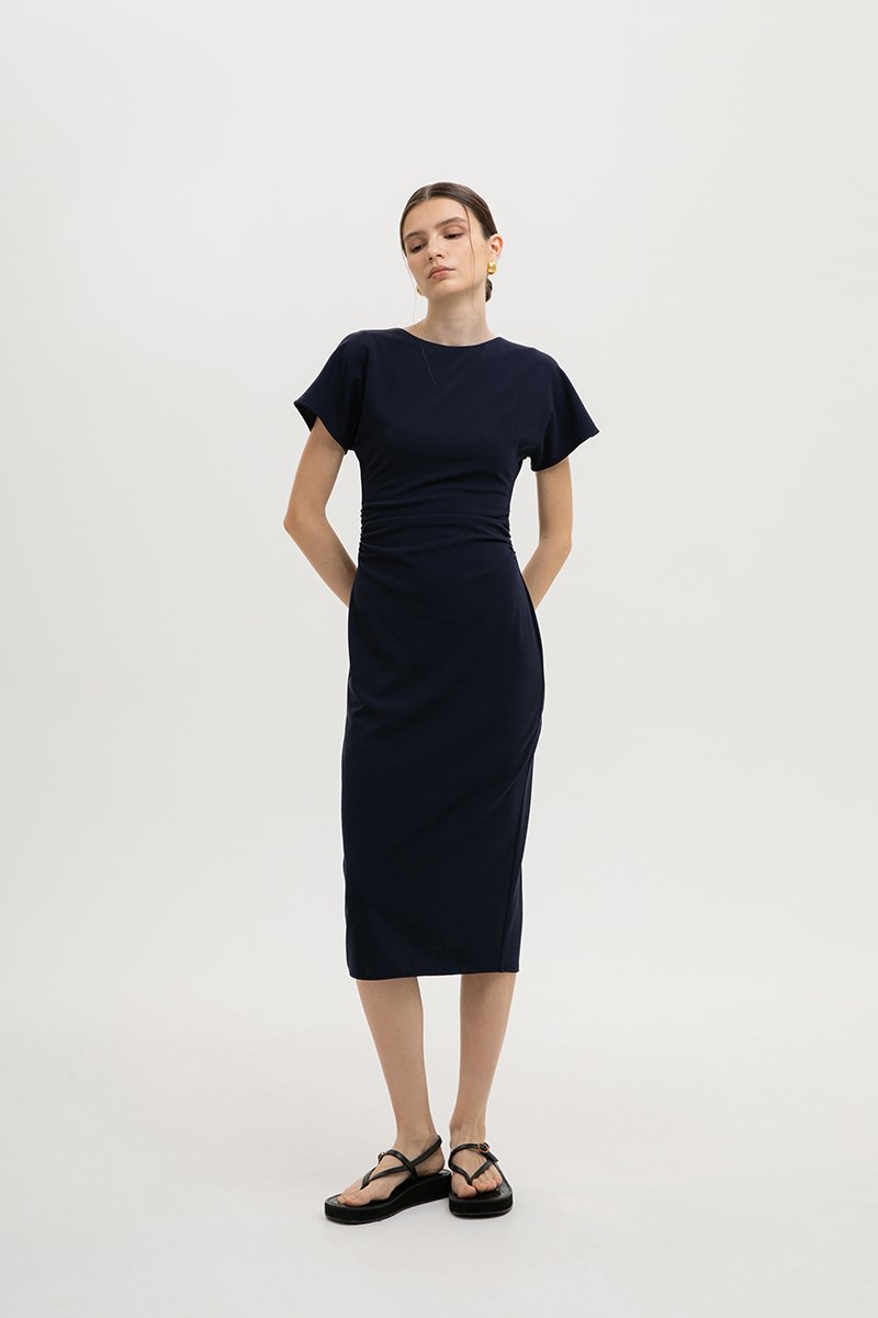 CAMELLIA RUCHED MIDI DRESS