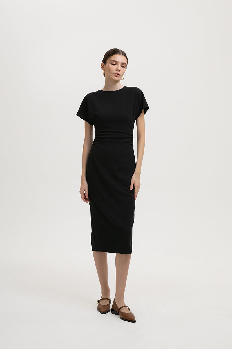 CAMELLIA RUCHED MIDI DRESS