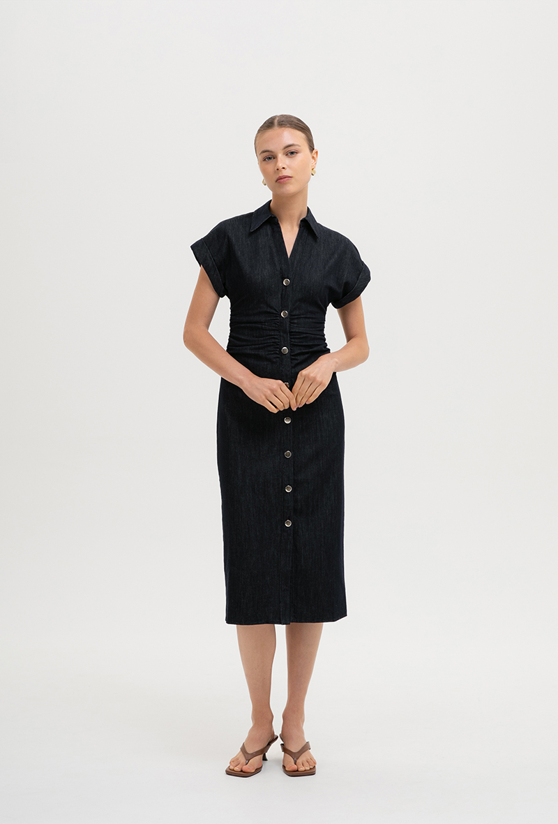 *BACKORDER* AURA RUCHED SHIRT DENIM DRESS
