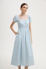 GABRIELLE PUFF SLEEVE LINEN MIDI DRESS