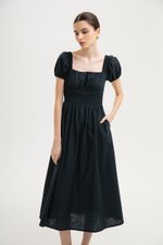 GABRIELLE PUFF SLEEVE LINEN MIDI DRESS