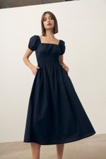 GABRIELLE PUFF SLEEVE LINEN MIDI DRESS
