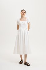 GABRIELLE PUFF SLEEVE LINEN MIDI DRESS