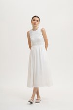 NICOLE SMOCKED LINEN MIDI DRESS