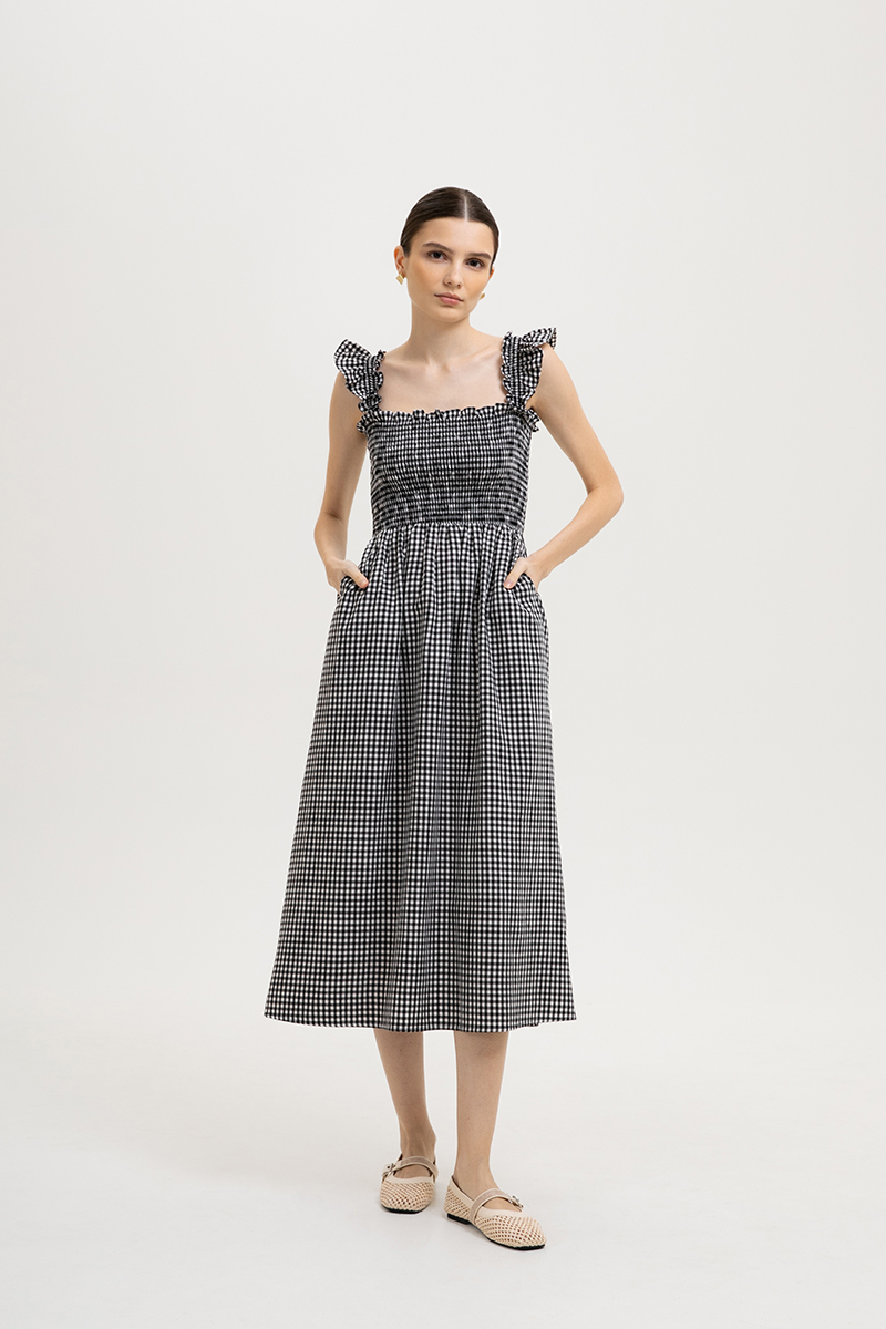 DESIREE SMOCKED FLUTTER SLEEVE GINGHAM DRESS