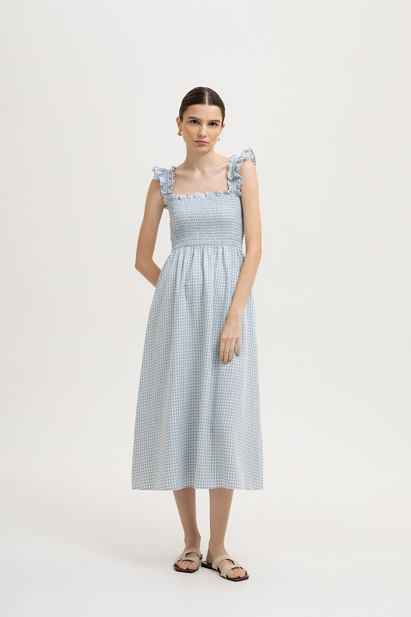 DESIREE SMOCKED FLUTTER SLEEVE GINGHAM DRESS