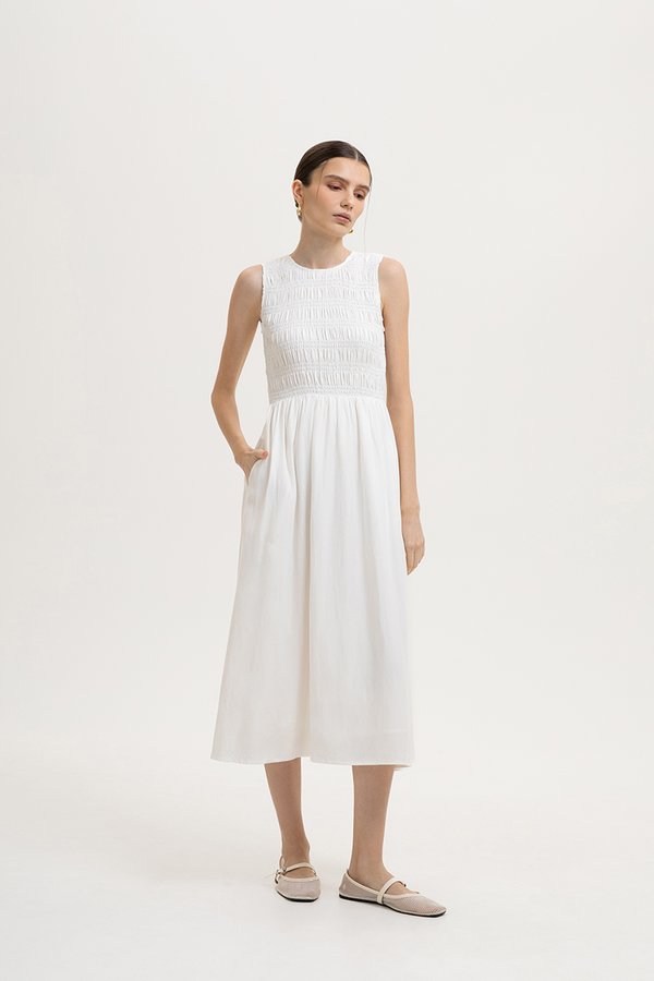 NICOLE SMOCKED LINEN MIDI DRESS