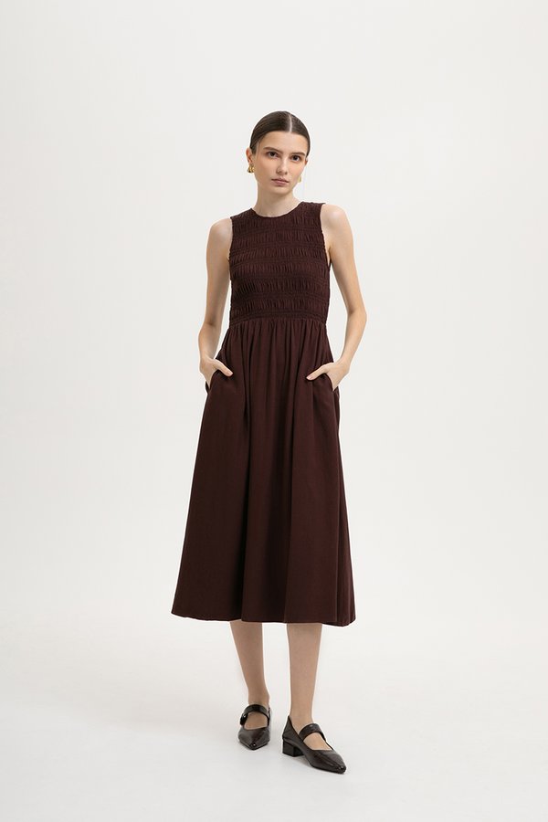 NICOLE SMOCKED LINEN MIDI DRESS