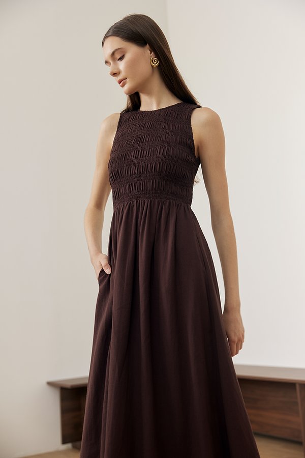 NICOLE SMOCKED LINEN MIDI DRESS