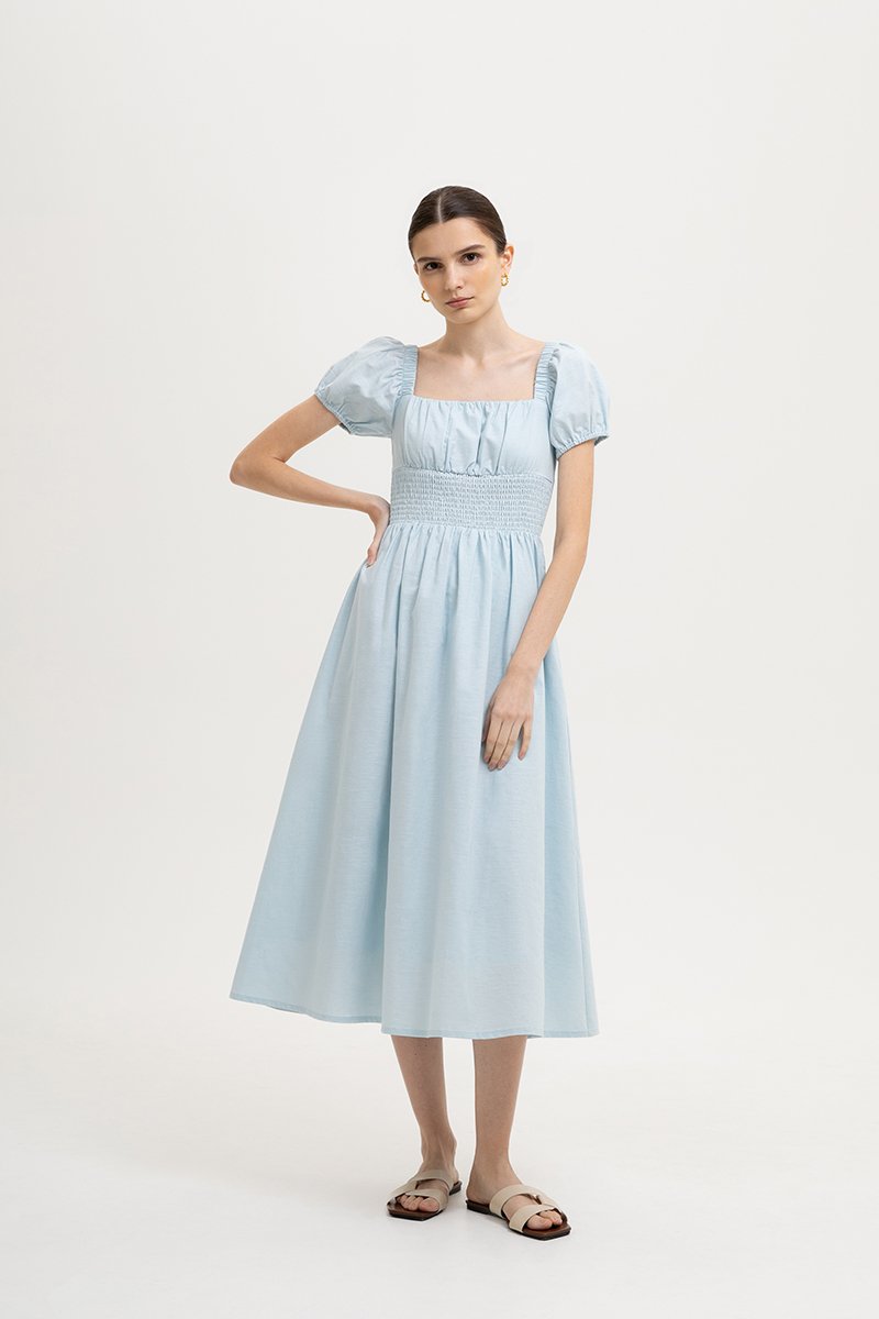 GABRIELLE PUFF SLEEVE LINEN MIDI DRESS