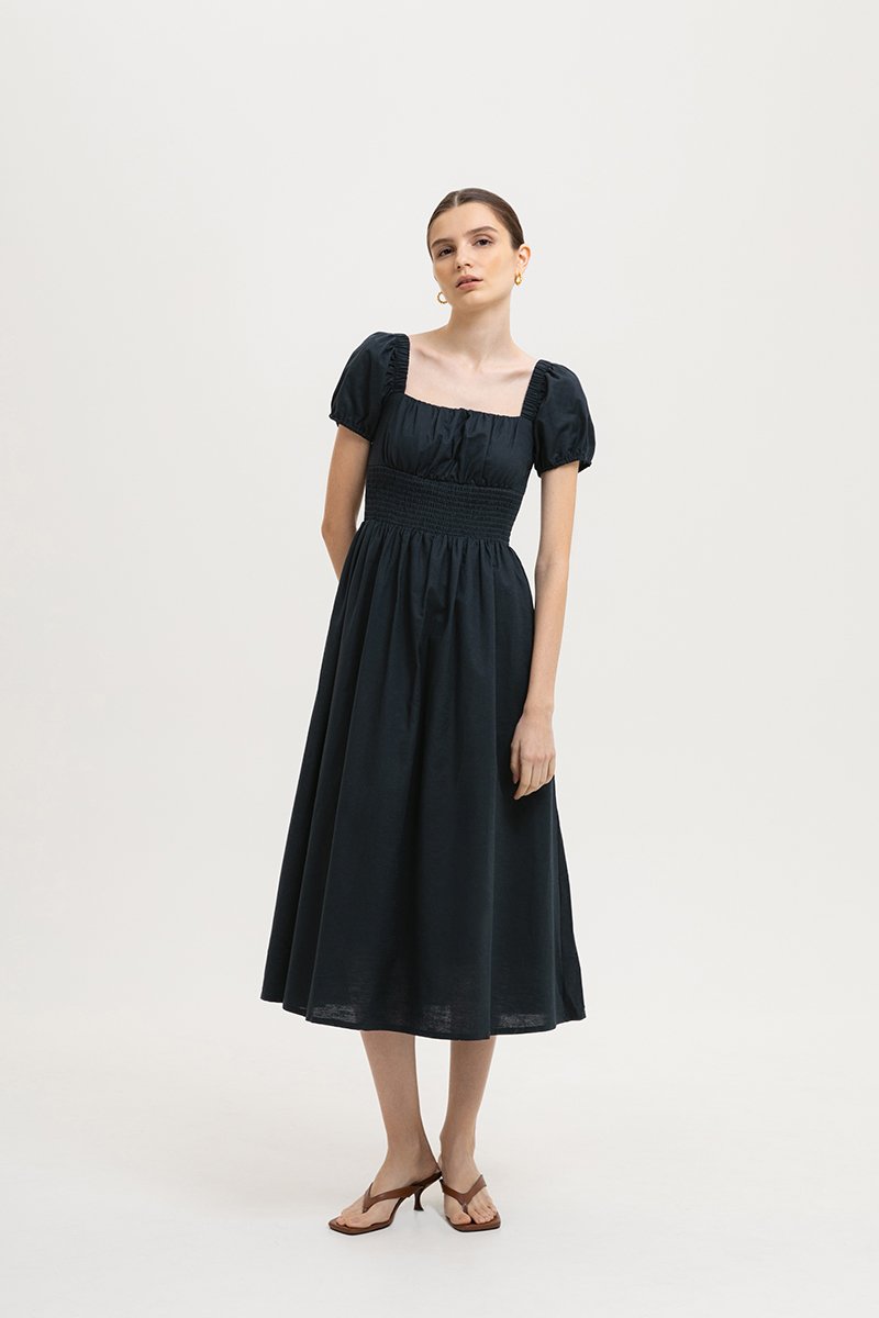 GABRIELLE PUFF SLEEVE LINEN MIDI DRESS
