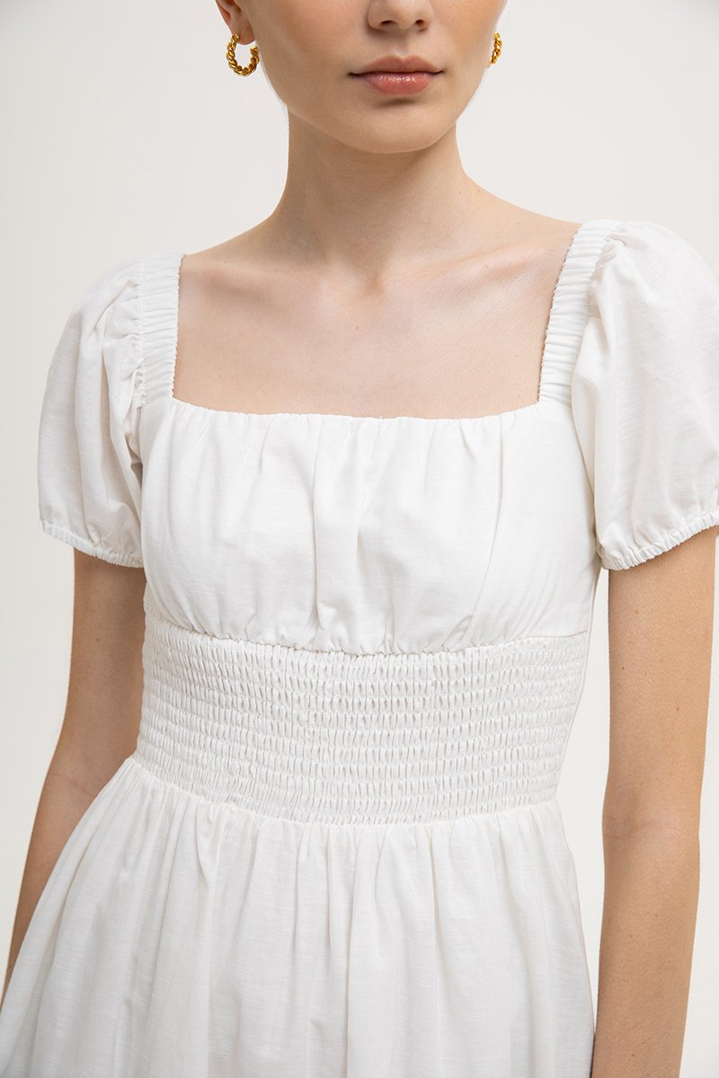 GABRIELLE PUFF SLEEVE LINEN MIDI DRESS