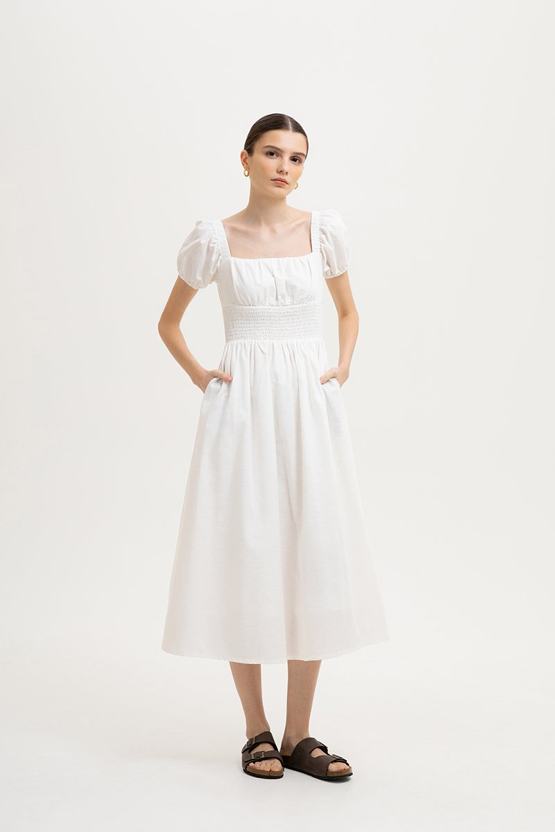 GABRIELLE PUFF SLEEVE LINEN MIDI DRESS