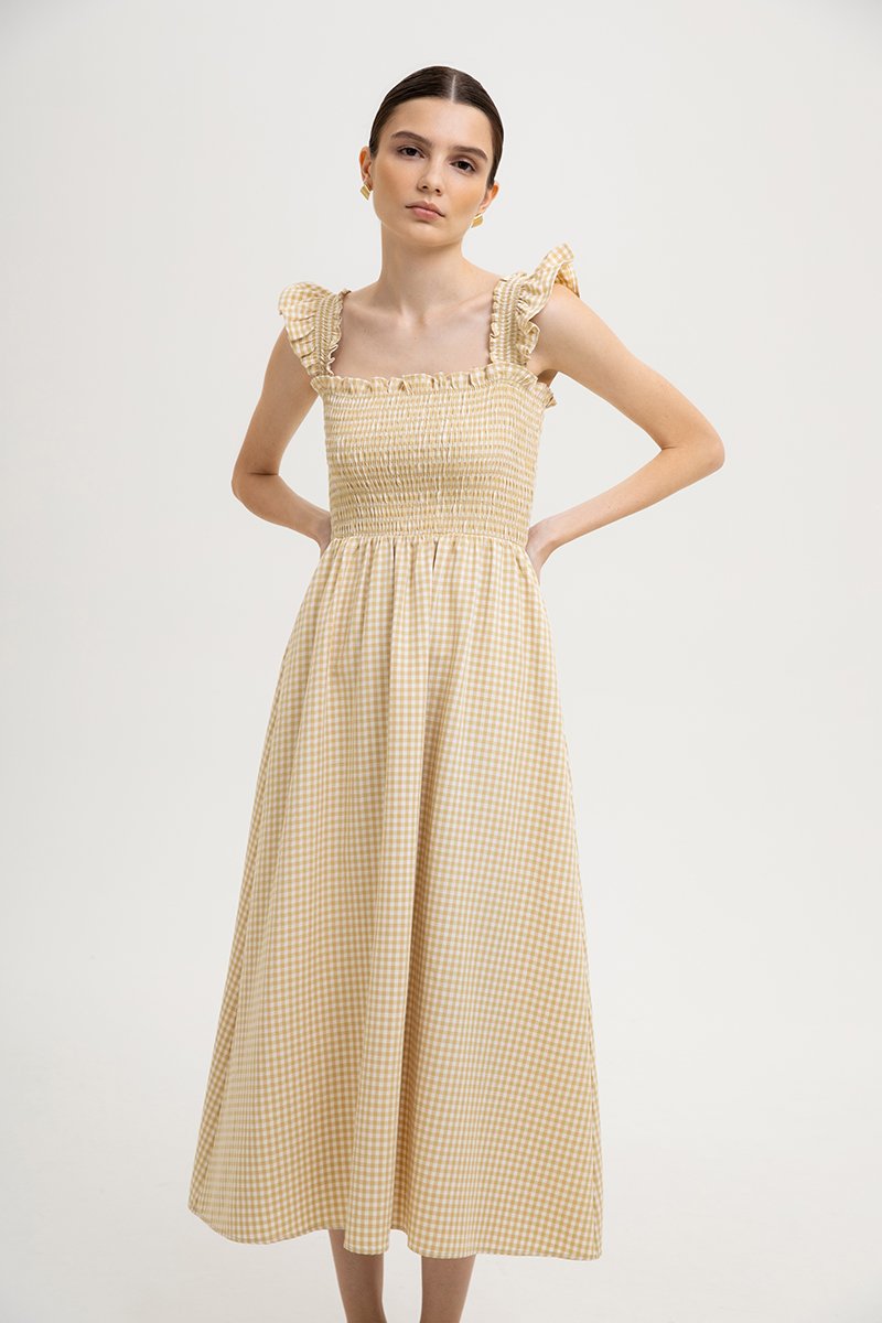 DESIREE SMOCKED FLUTTER SLEEVE GINGHAM DRESS