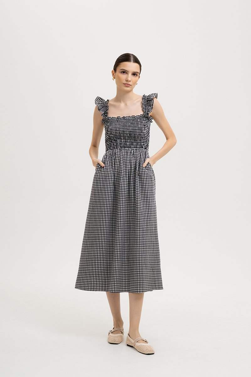 DESIREE SMOCKED FLUTTER SLEEVE GINGHAM DRESS
