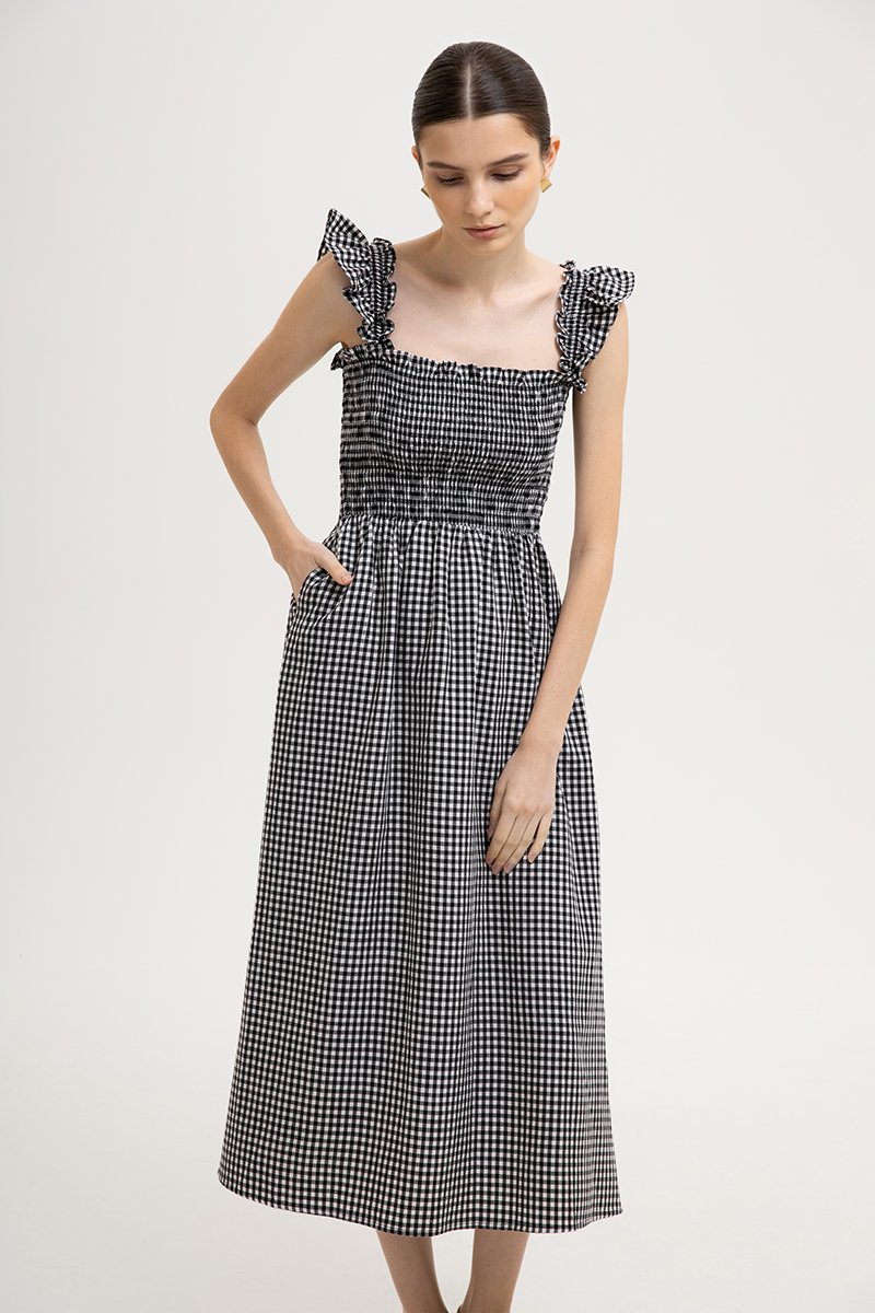 DESIREE SMOCKED FLUTTER SLEEVE GINGHAM DRESS