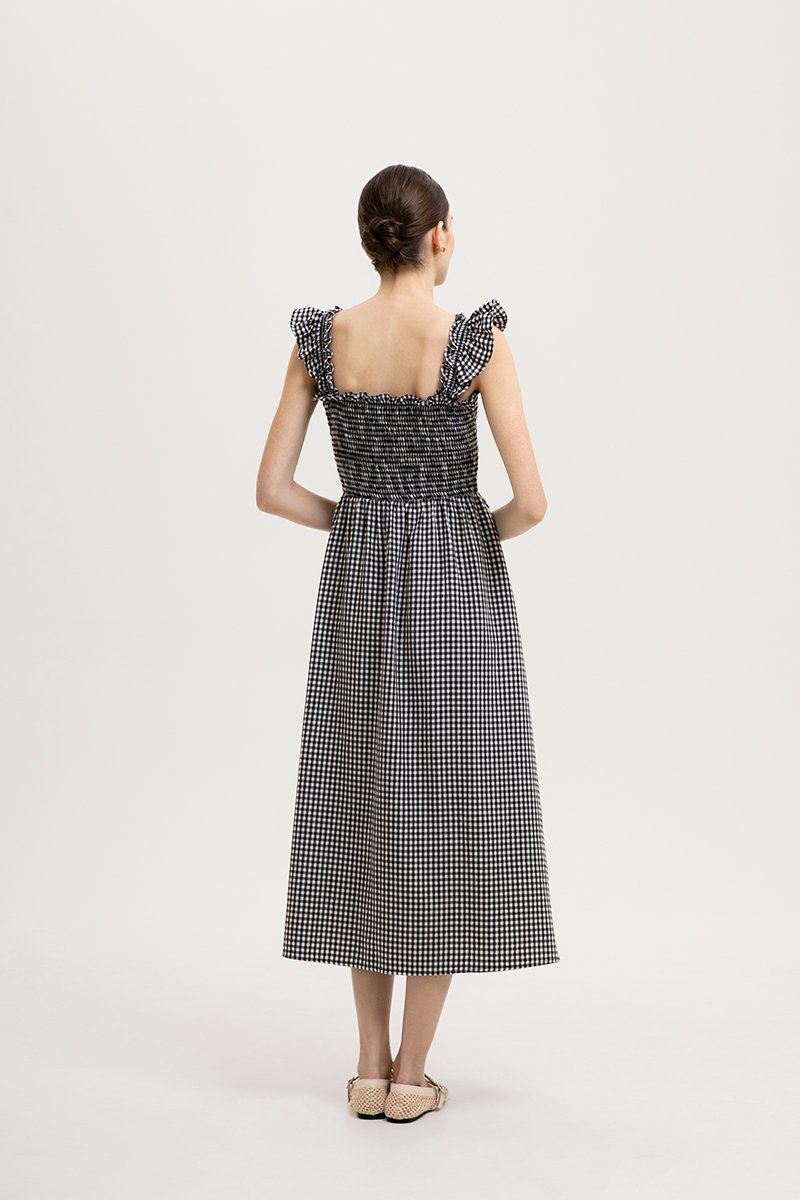 DESIREE SMOCKED FLUTTER SLEEVE GINGHAM DRESS