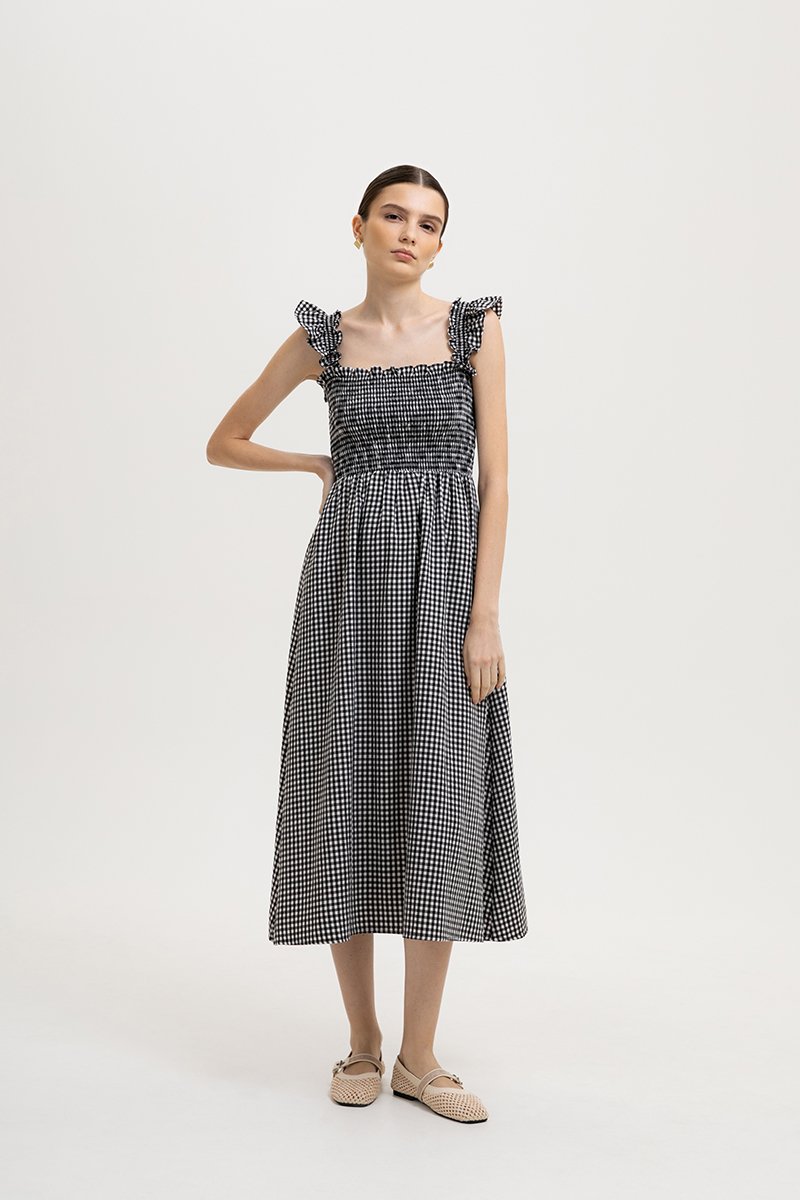 DESIREE SMOCKED FLUTTER SLEEVE GINGHAM DRESS