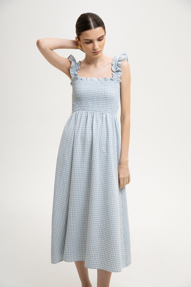 DESIREE SMOCKED FLUTTER SLEEVE GINGHAM DRESS