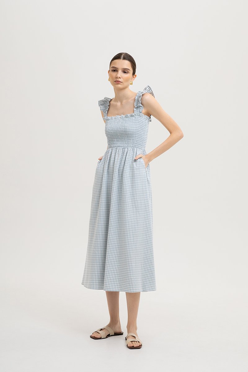 DESIREE SMOCKED FLUTTER SLEEVE GINGHAM DRESS