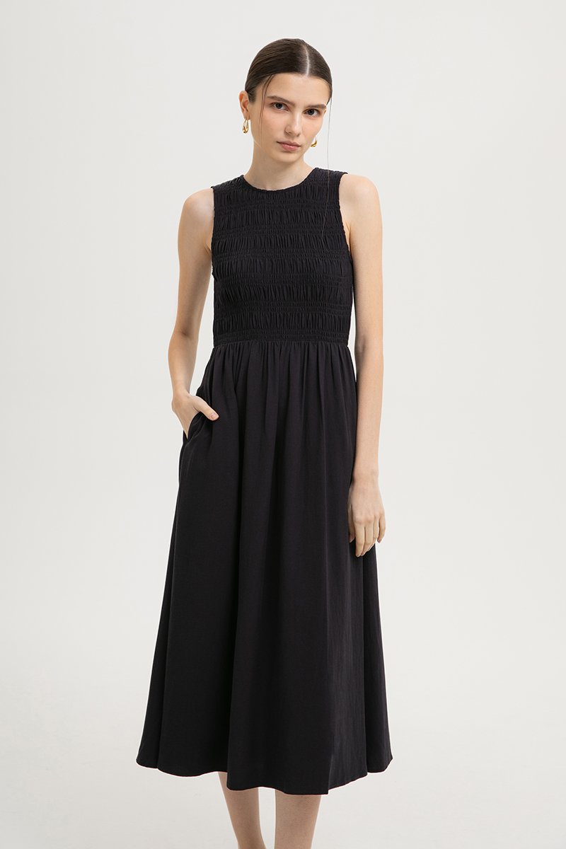 NICOLE SMOCKED LINEN MIDI DRESS