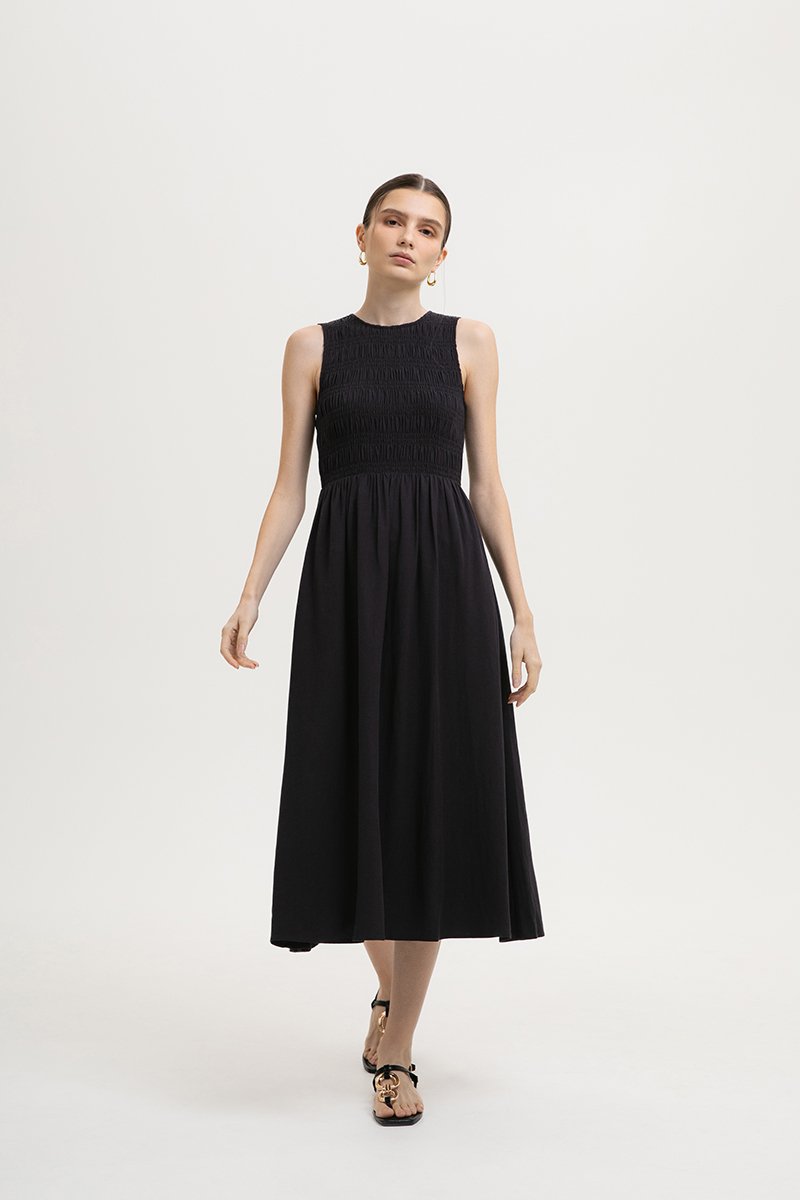 NICOLE SMOCKED LINEN MIDI DRESS