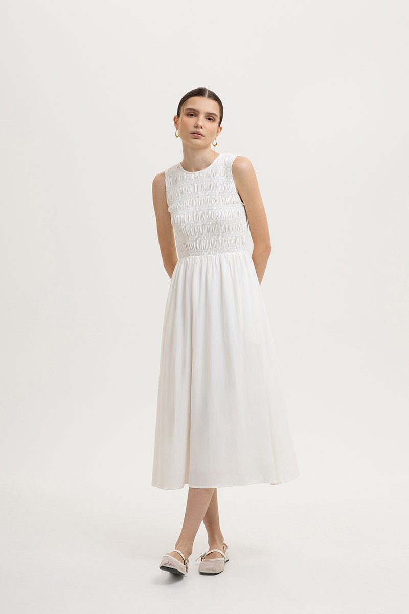 NICOLE SMOCKED LINEN MIDI DRESS