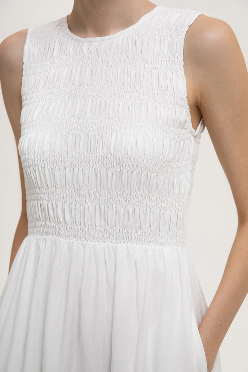 NICOLE SMOCKED LINEN MIDI DRESS