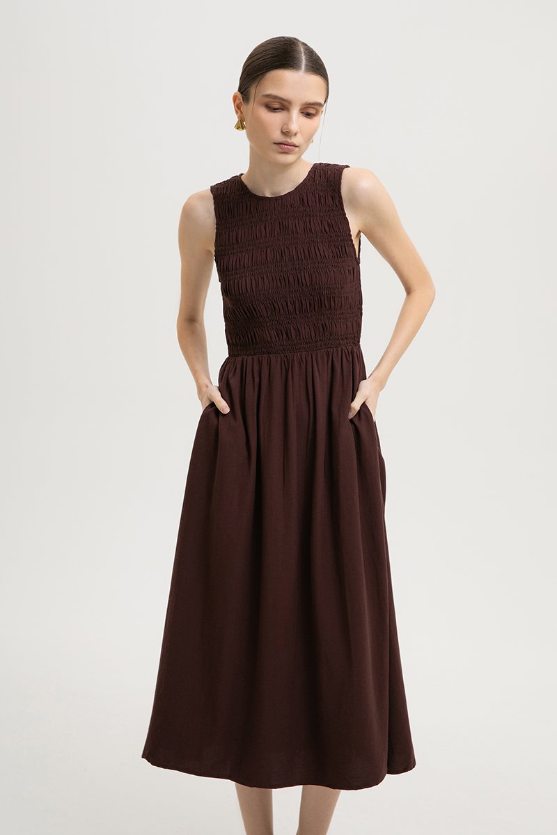 NICOLE SMOCKED LINEN MIDI DRESS