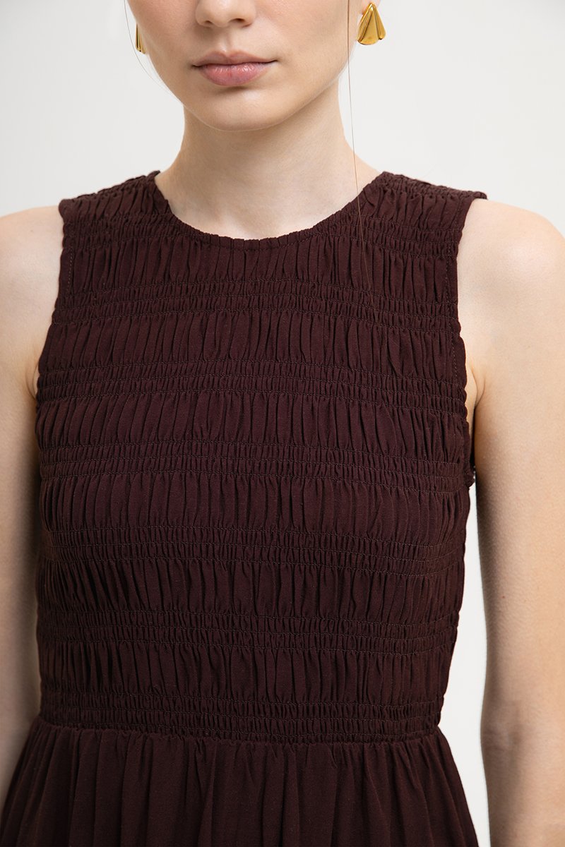 NICOLE SMOCKED LINEN MIDI DRESS