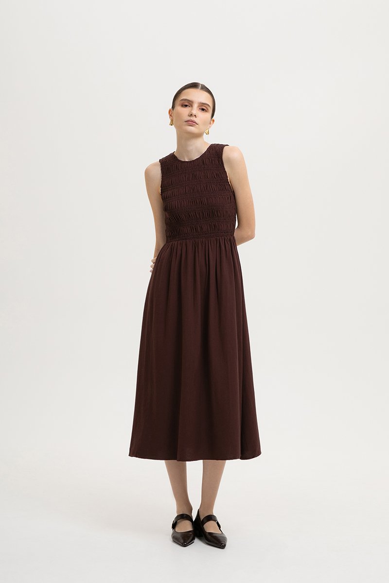 NICOLE SMOCKED LINEN MIDI DRESS