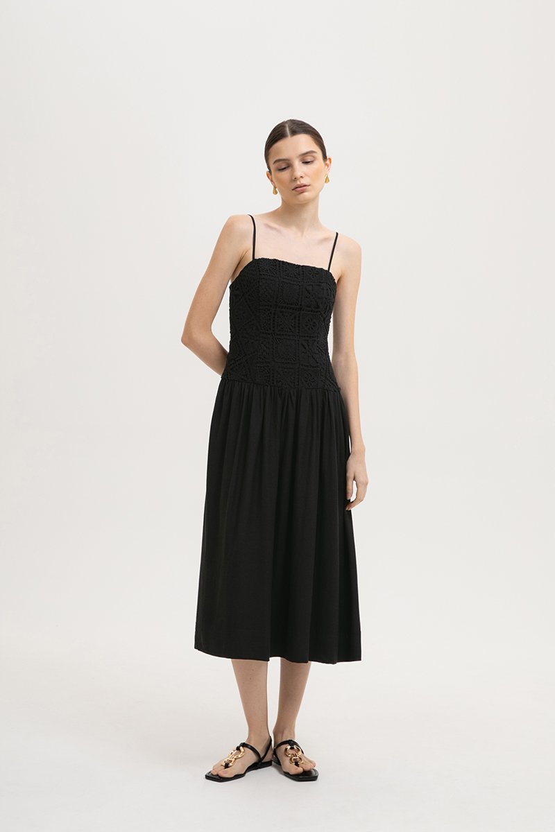 KAYLIN DROP WAIST CROCHET MIDI DRESS