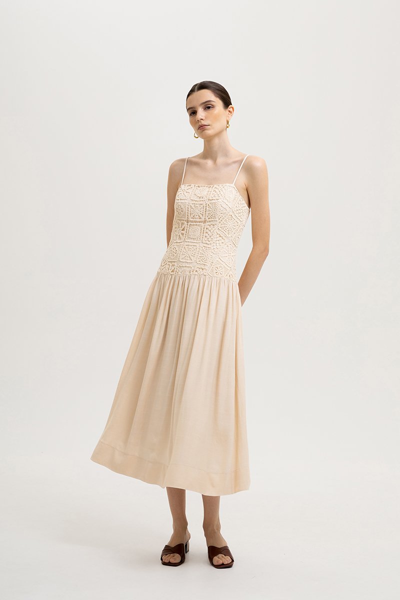 KAYLIN DROP WAIST CROCHET MIDI DRESS