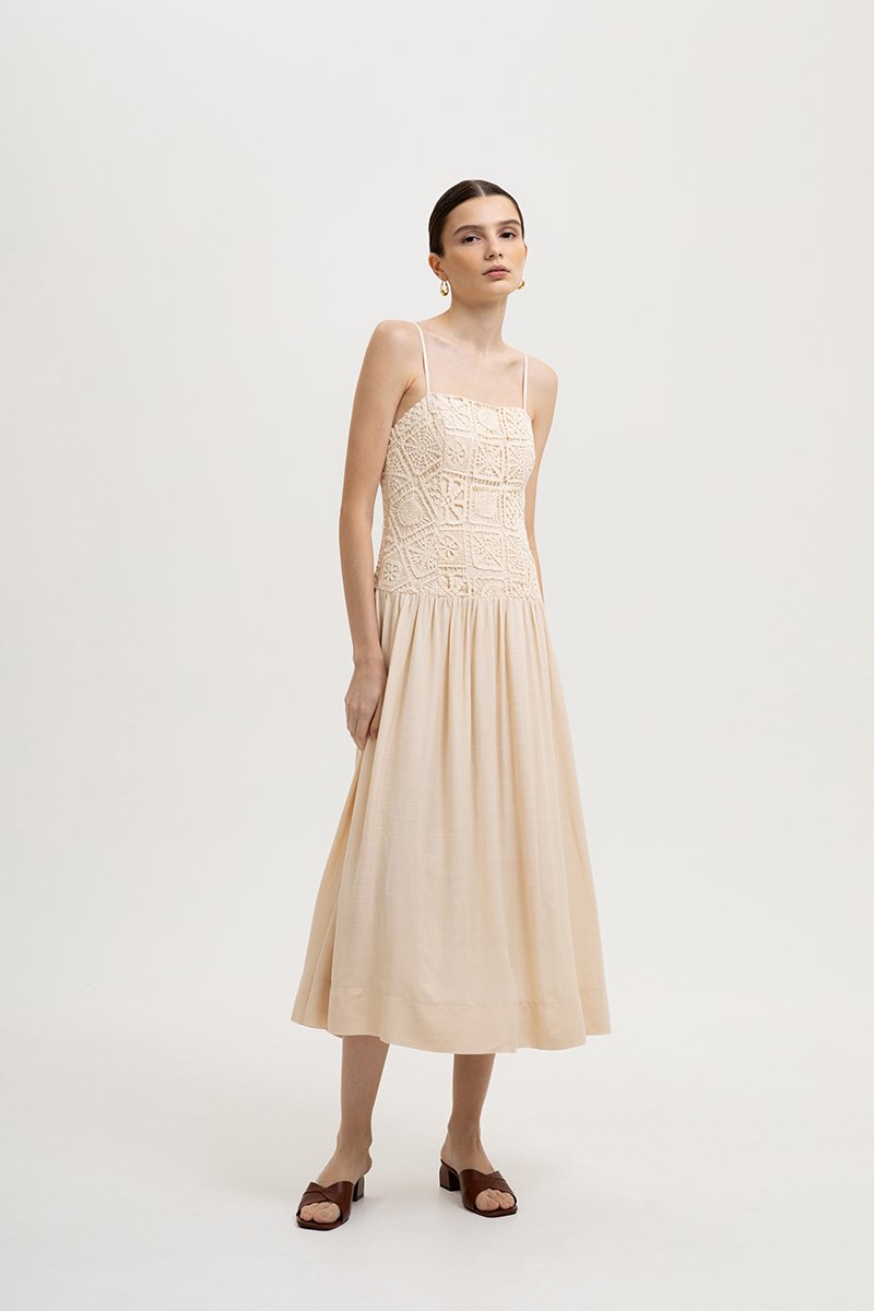 KAYLIN DROP WAIST CROCHET MIDI DRESS