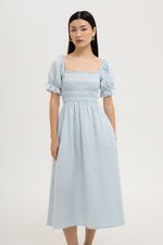 AINSLIE PUFF SLEEVES SMOCKED LINEN DRESS