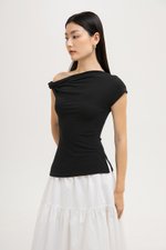 VIKKI ASYMMETRIC TWIST OFF SHOULDER TOP