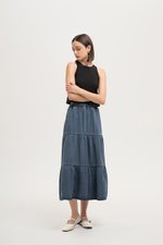 JUNIE TIERED DENIM MIDI SKIRT JUNIE TIERED DENIM MIDI SKIRT