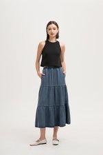 JUNIE TIERED DENIM MIDI SKIRT JUNIE TIERED DENIM MIDI SKIRT
