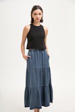 JUNIE TIERED DENIM MIDI SKIRT JUNIE TIERED DENIM MIDI SKIRT
