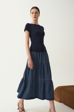 JUNIE TIERED DENIM MIDI SKIRT JUNIE TIERED DENIM MIDI SKIRT