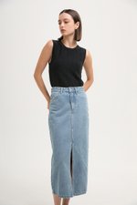 SADDIE DENIM MIDI SKIRT W SLIT SADDIE DENIM MIDI SKIRT W SLIT
