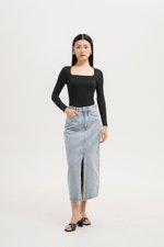 SADDIE DENIM MIDI SKIRT W SLIT SADDIE DENIM MIDI SKIRT W SLIT