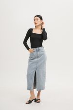 SADDIE DENIM MIDI SKIRT W SLIT SADDIE DENIM MIDI SKIRT W SLIT