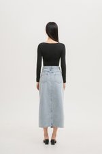 SADDIE DENIM MIDI SKIRT W SLIT SADDIE DENIM MIDI SKIRT W SLIT