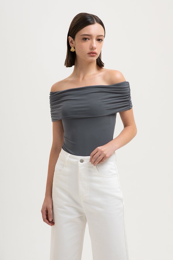 JEMMA RUCHED OFF SHOULDER MESH TOP