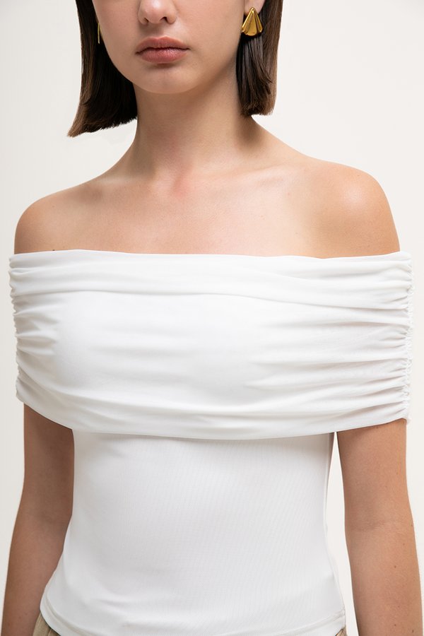 JEMMA RUCHED OFF SHOULDER MESH TOP